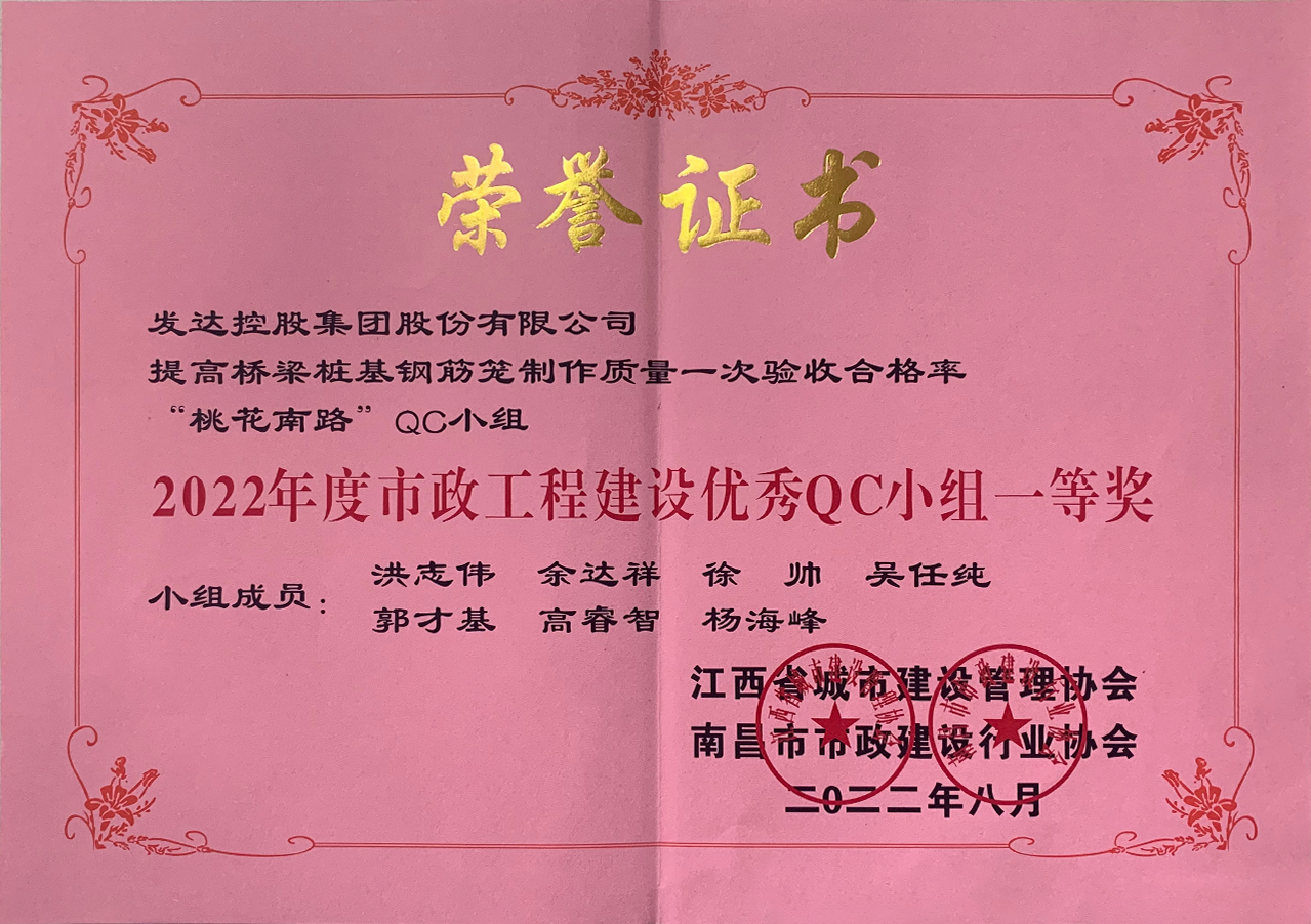 2022年度市政工程建設優(yōu)秀QC小組一等獎